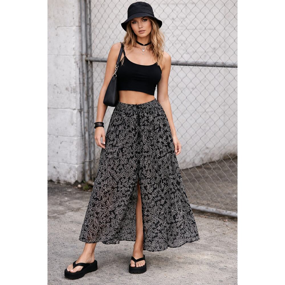 Vintage 90s The Limited Black Semi Sheer Paisley Button Maxi Skirt Y2K Boho S/M